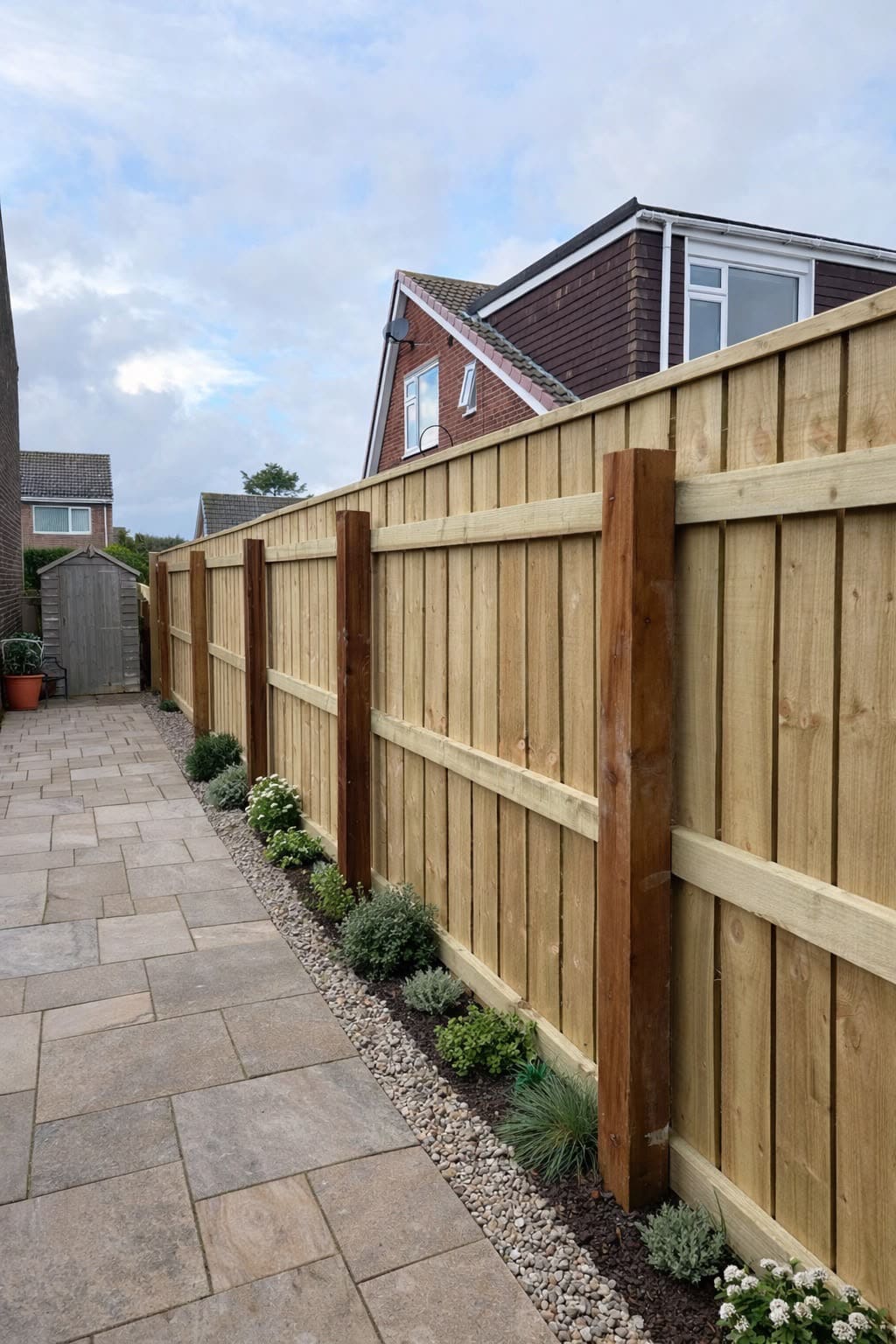 New closeboard fence with square timber posts and gravel boards beside a paved garden path