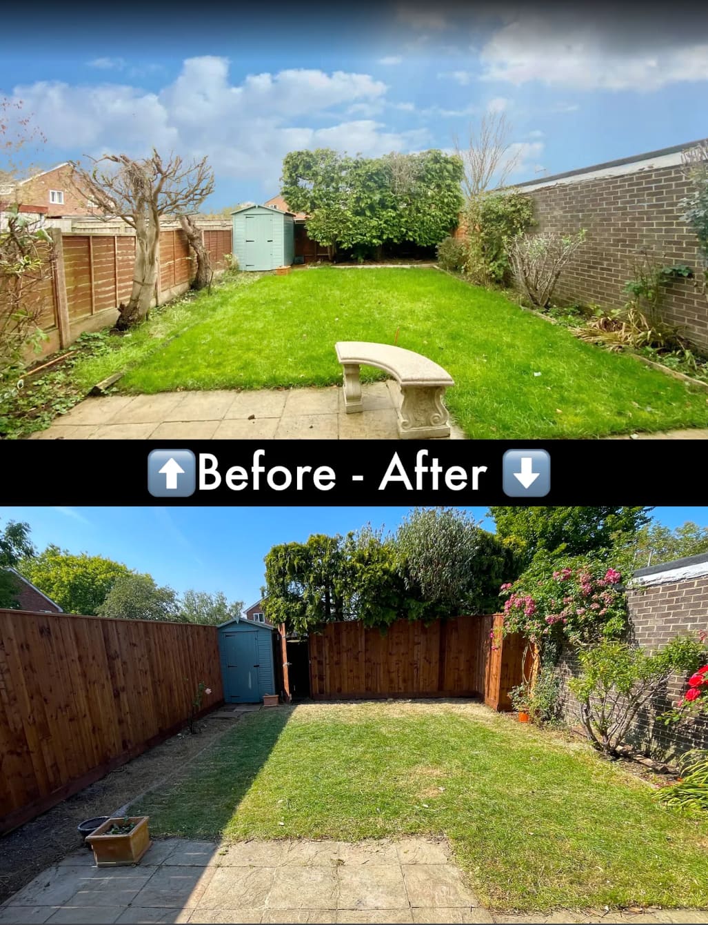 Before and after comparison of an old lap-panel fence replaced with new brown closeboard fencing